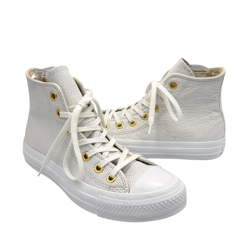 Converse Women's Chuck Taylor White Leather Gold Detail High Top Street Sneakers